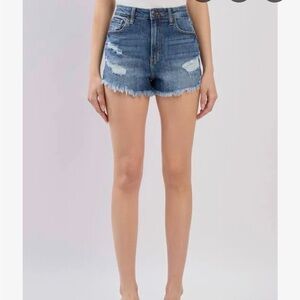 High-Rise Cut Off Denim Shortie Shorts - Blue